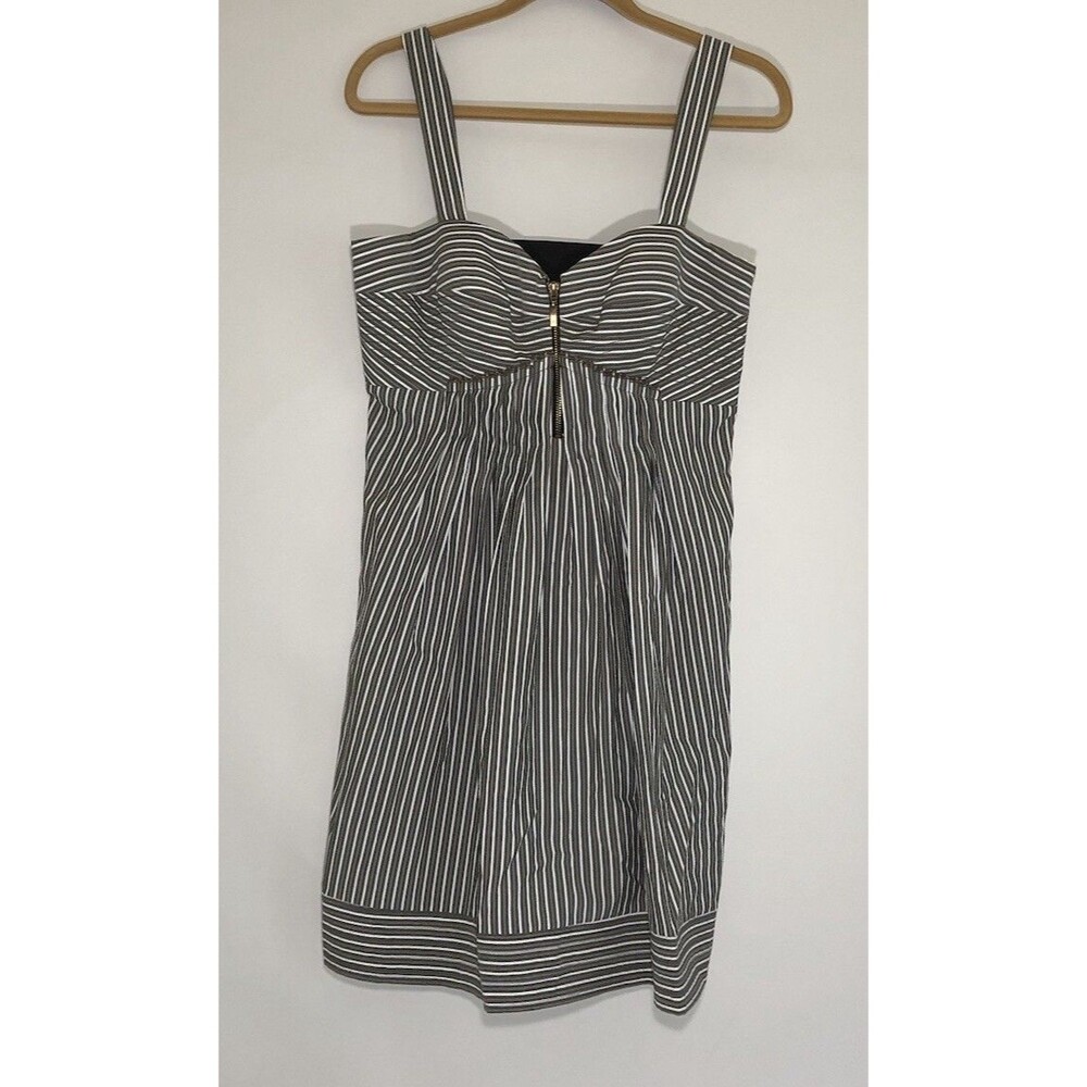 New Directions ND Gray Gold Stripped Searsucker Sun Dress Straps Lined EUC $94